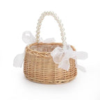 Wicker Wedding Flower Girl Basket with Pearl Handle & Ribbon Bow | Rustic Boho Handwoven Satin Ceremony & Picnic Basket
