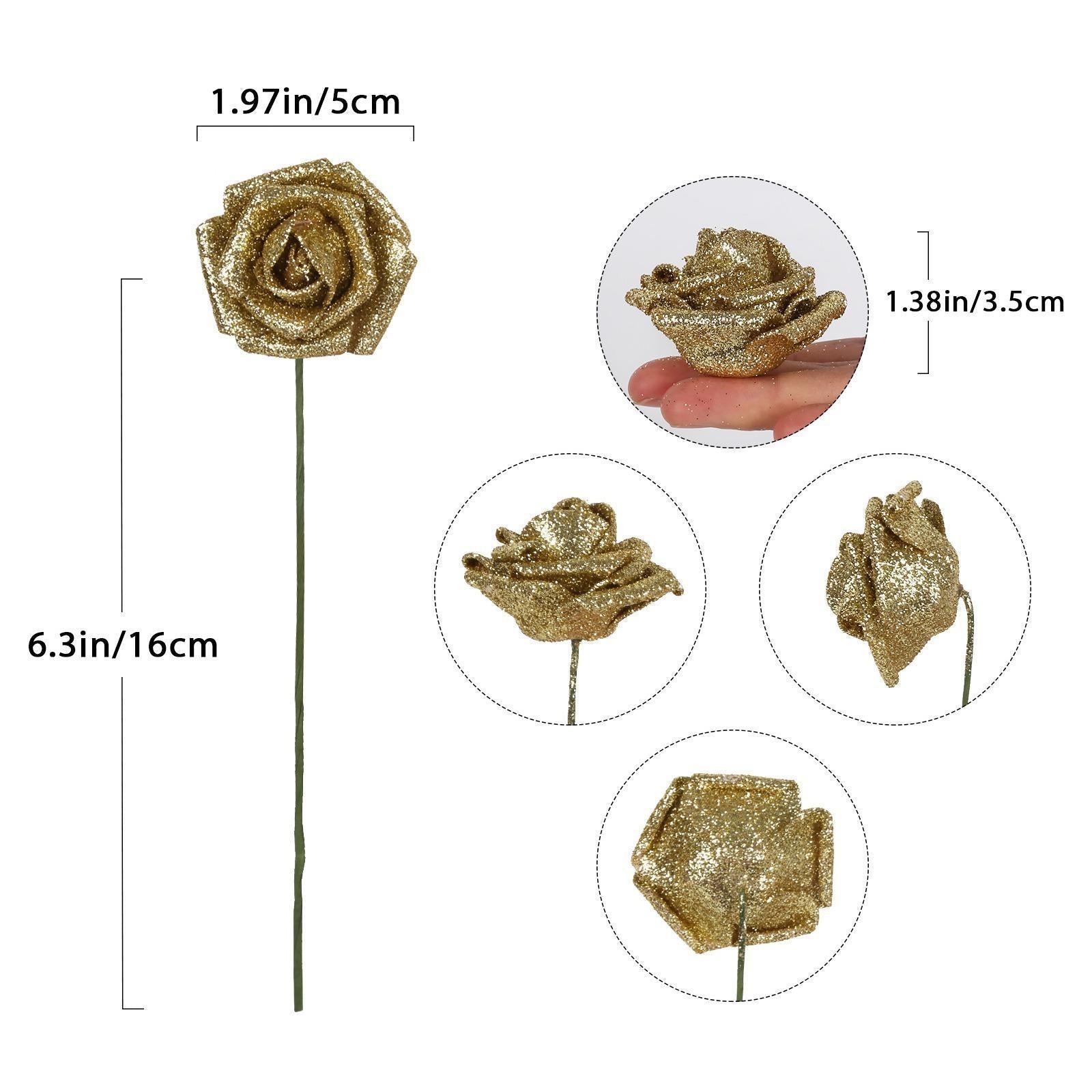 Glitter Roses Bouquet with Stems 50pcs | DIY Wedding Bridal Bouquet Valentine's Day Party & Home Decor in Gold Silver Blue Red Black