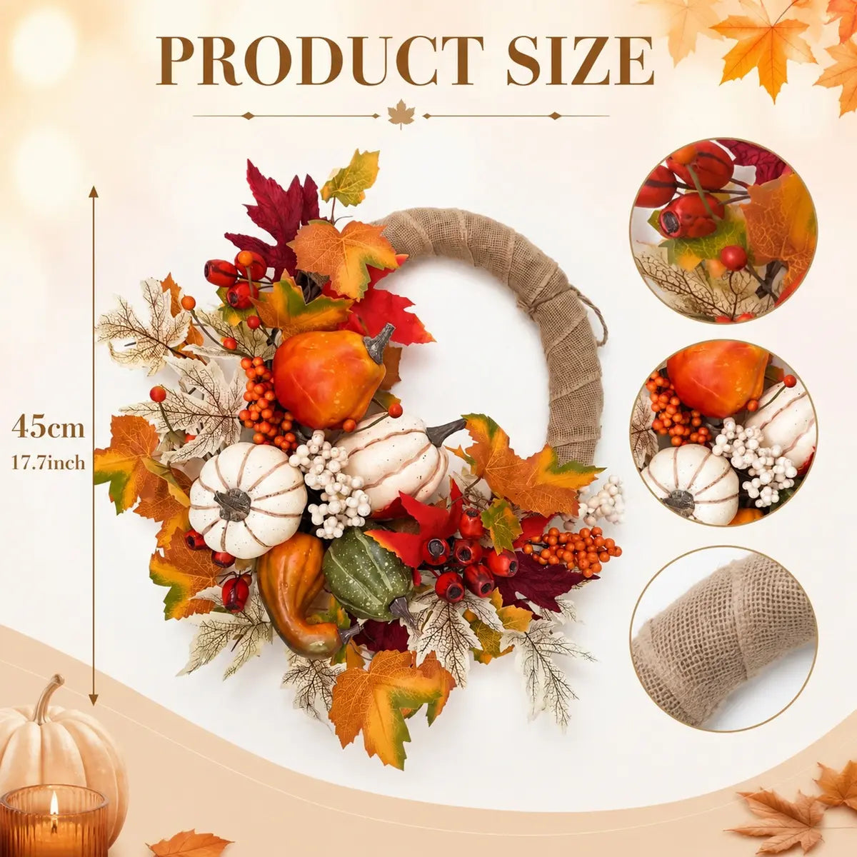 Product size chart for fall harvest wreath with pumpkins, berries and leaves showing dimensions and design details