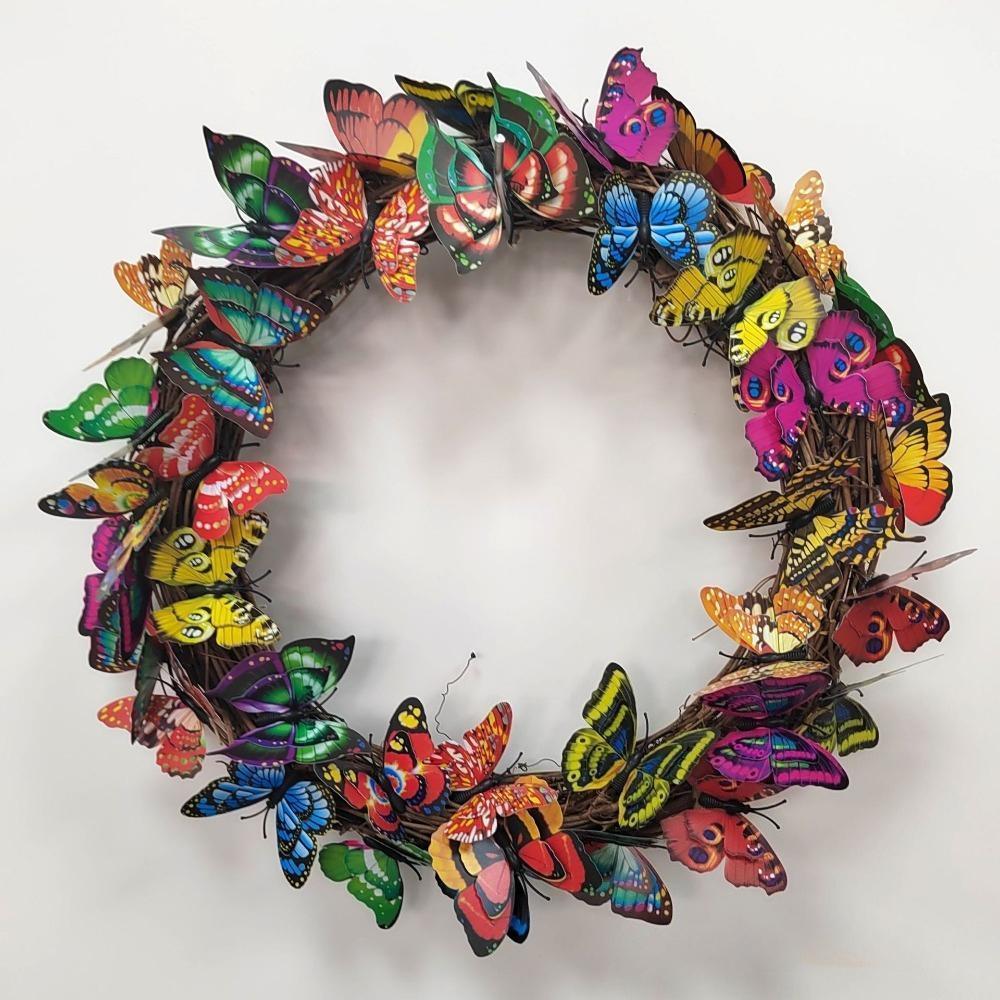 Butterfly Front Door Wreath | Red Orange Yellow Artificial Tulip Rattan Vine Door & Wall Mount Easter Spring Decor