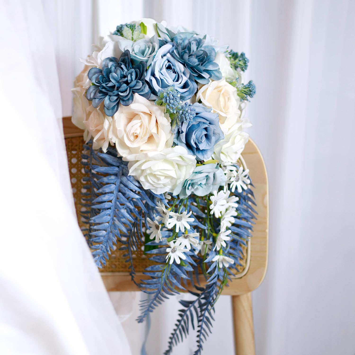 Boho Rustic Artificial Wedding Toss Bouquet | Blue Faux Flower for Ceremony Anniversary Bridal Keepsake & All Seasons