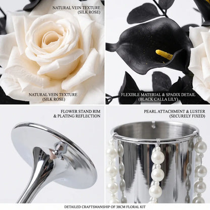 Gothic Artificial Flower Arrangement | Black Calla Lily & White Rose in Silver Goblet Vase