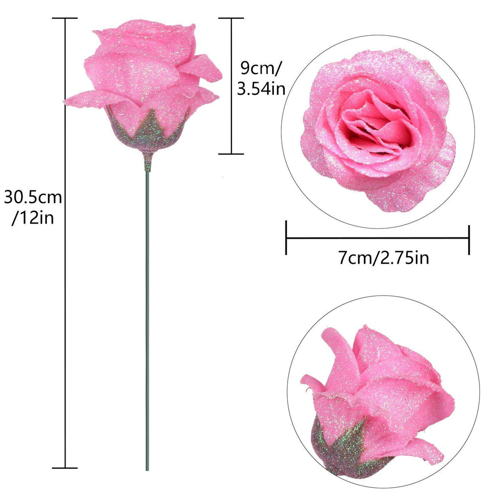 Glitter Rose Bouquet with Stems 30pcs | DIY Wedding Valentine's Day Party & Home Decor in Gold Silver Pink Purple 7 Colors