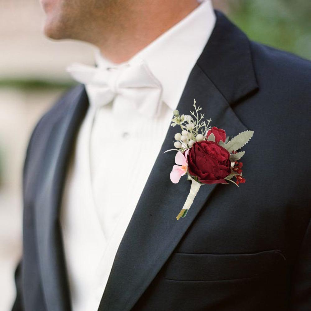 Artificial Wrist Corsage and Boutonniere Set 4pcs | Wedding Homecoming Prom & Graduation Party in White Red 6 Styles