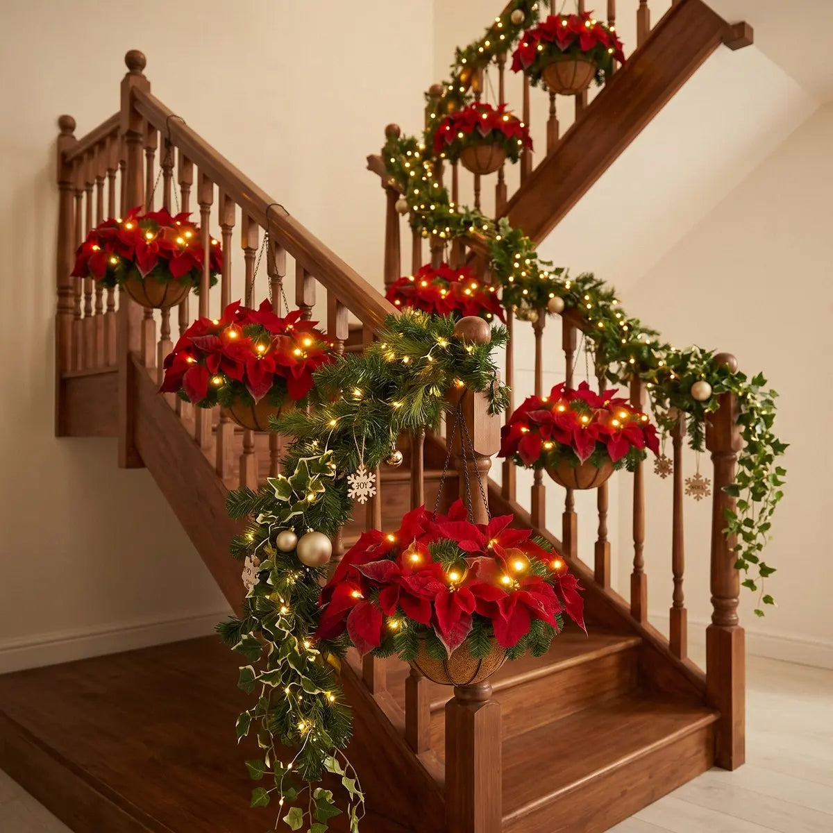 Christmas Poinsettia Hanging Baskets with LED Lights Decorating Staircase Banister
