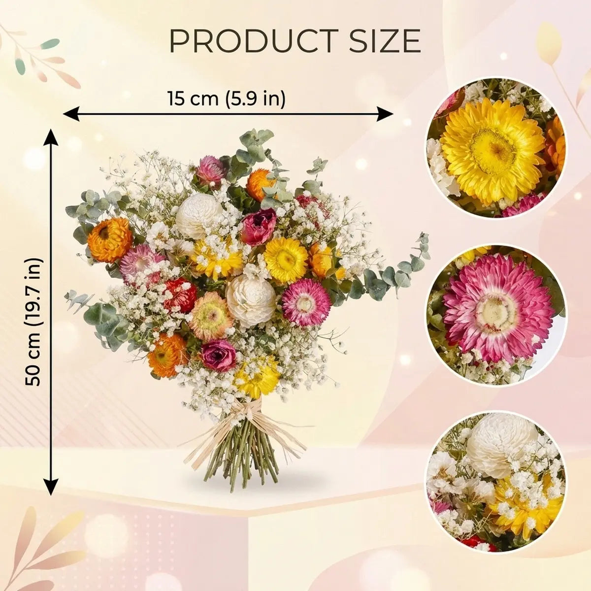 Natural dried flower bouquet size chart, 15cm x 50cm, 5.9in x 19.7in, mixed chrysanthemum, myosotis and baby's breath, flower detail closeups