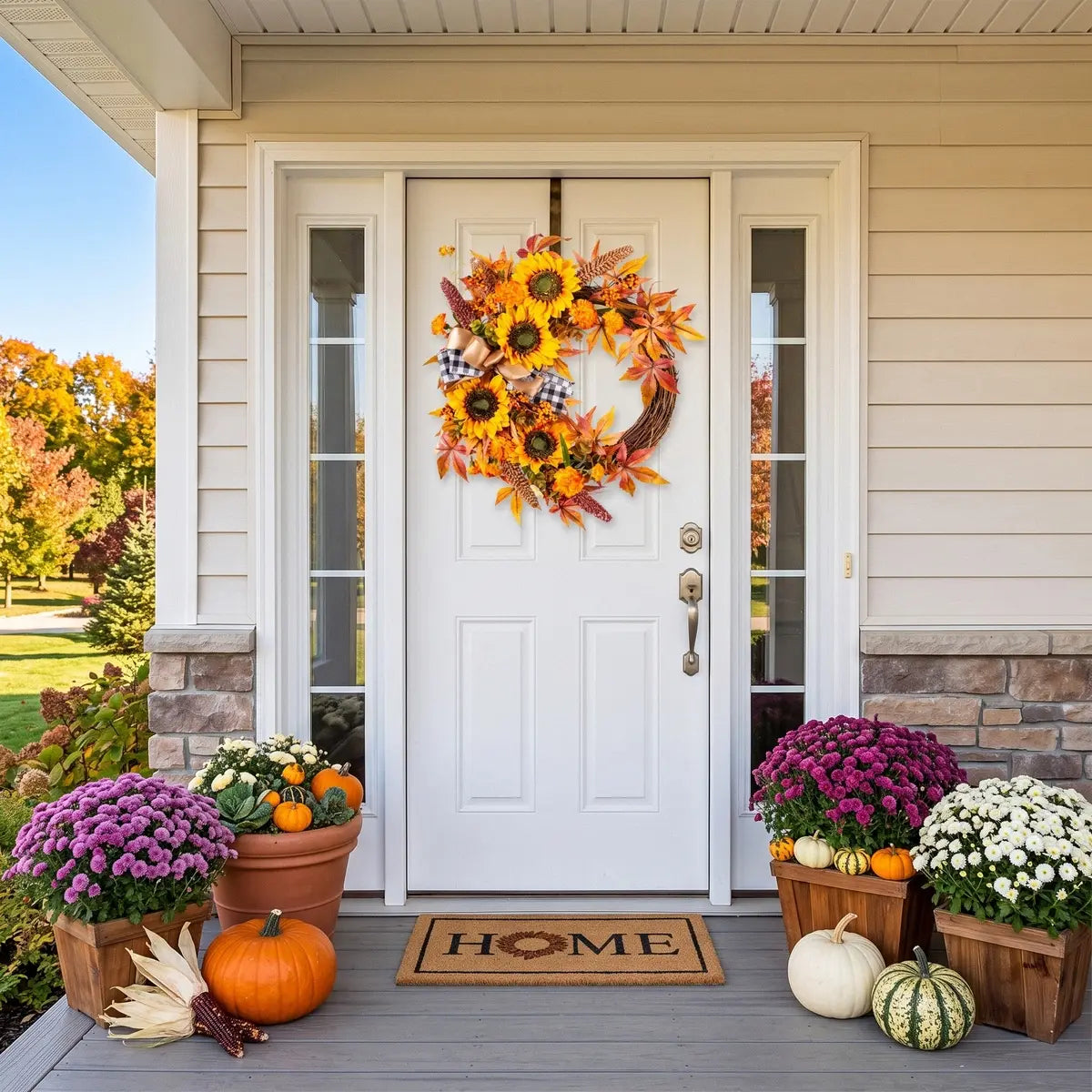 17.7'' sunflower harvest wreath with autumn leaves hung on a front door surrounded by Thanksgiving porch decorations
