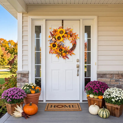 17.7'' sunflower harvest wreath with autumn leaves hung on a front door surrounded by Thanksgiving porch decorations
