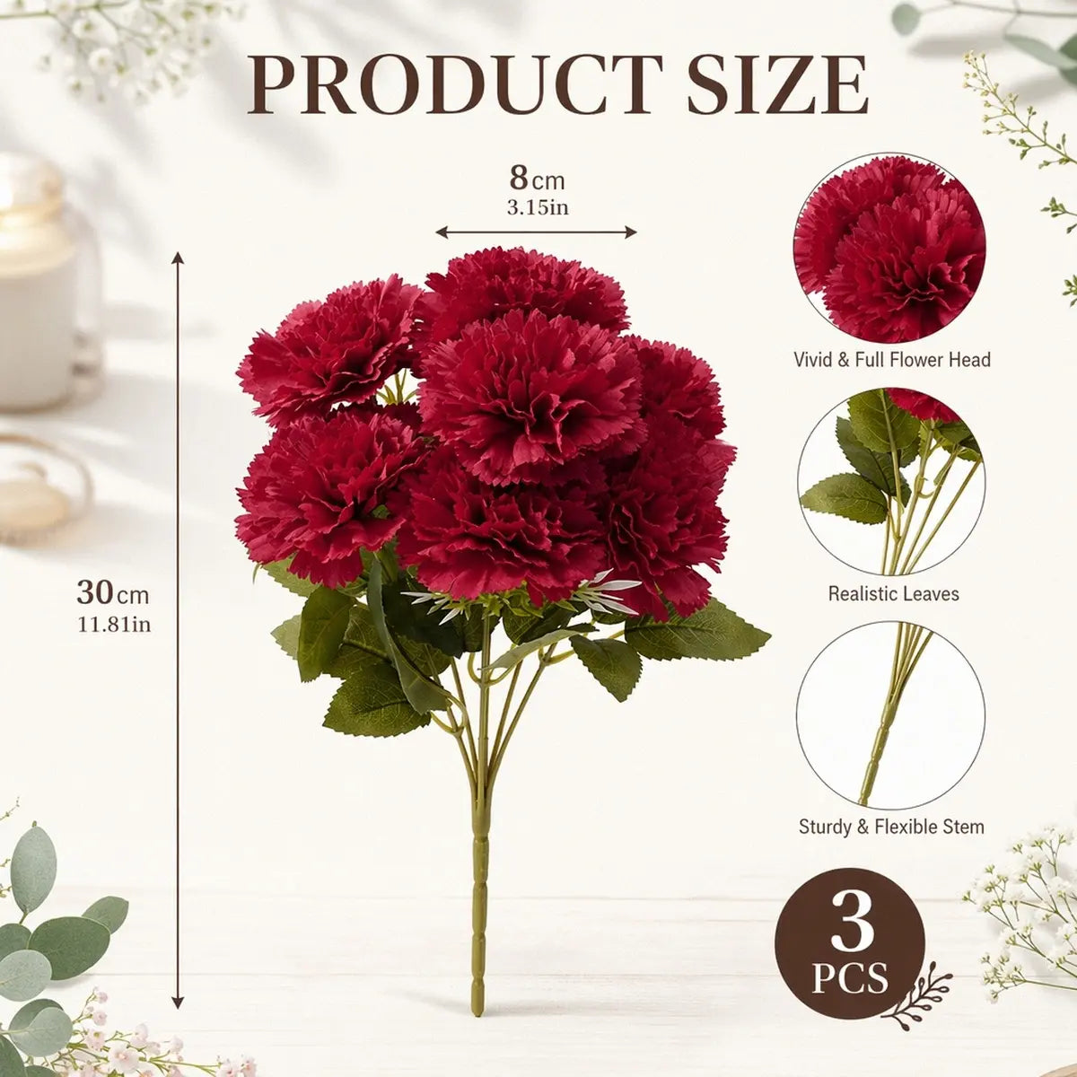 Product size chart: 3pcs artificial red carnation stems 30cm (11.81"), flower head 8cm (3.15"), vivid full bloom, realistic leaves, sturdy flexible stem
