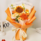 Handmade Crochet Flower Bouquet with Sunflowers Roses & Eucalyptus | Mother's Day Wedding Graduation & Valentine's Day Gift in Light Pink Yellow Blue
