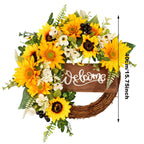 Close-up of lifelike sunflower welcome wreath for front door window by IPOPU