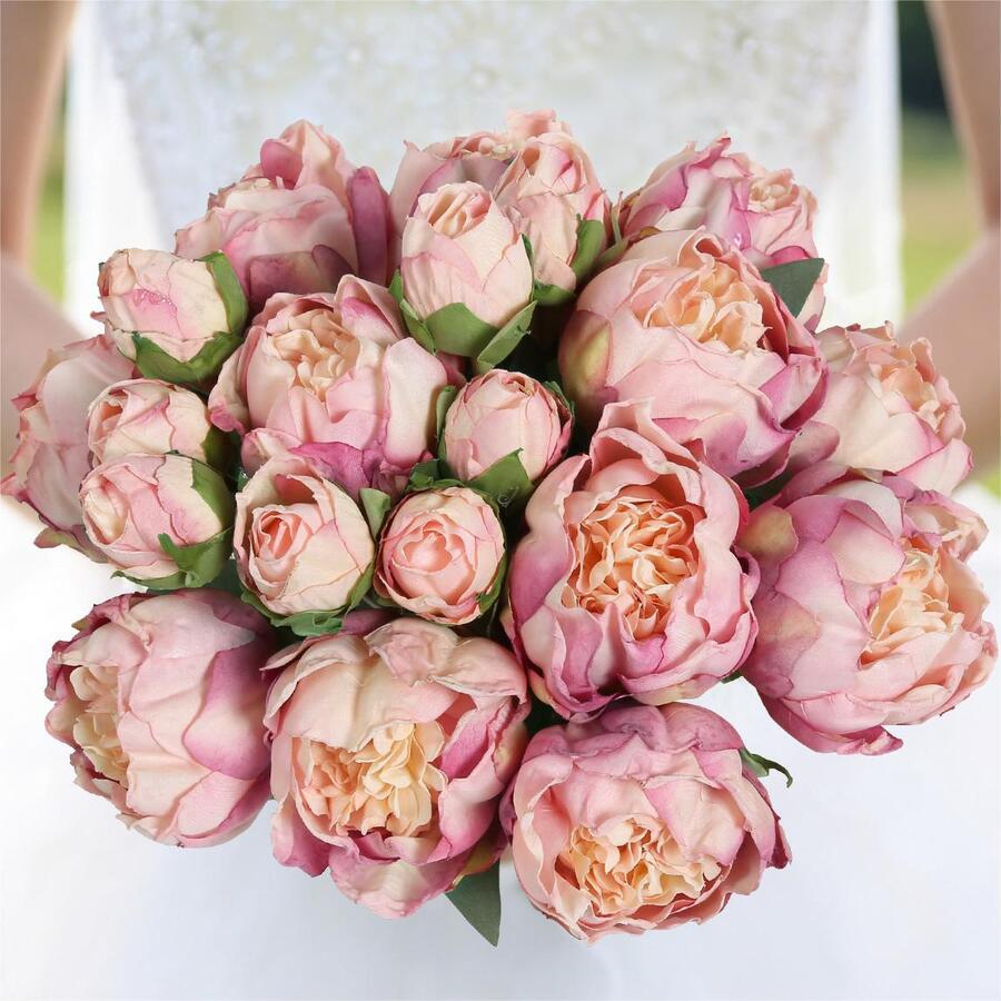 Artificial Peony Silk Flowers 2 Bouquets 10 Heads with Stems | Wedding Decoration Home Decor & Arrangement in Pink White Yellow