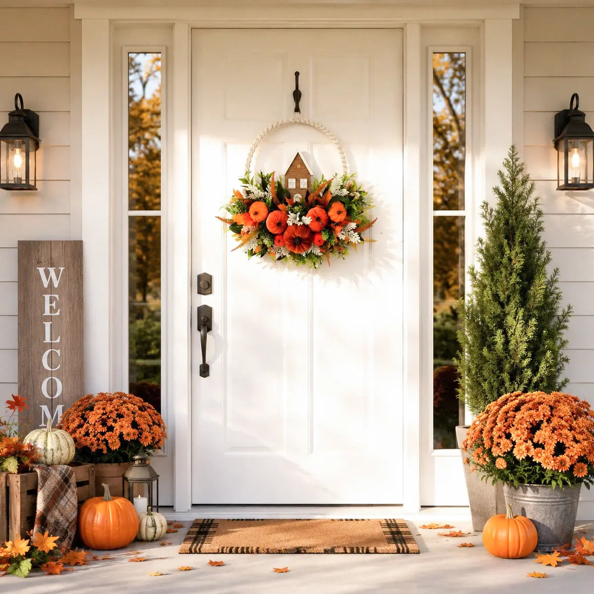 Autumn pumpkin fall wreath with berries hanging on a white front door with potted plants and fall porch styling