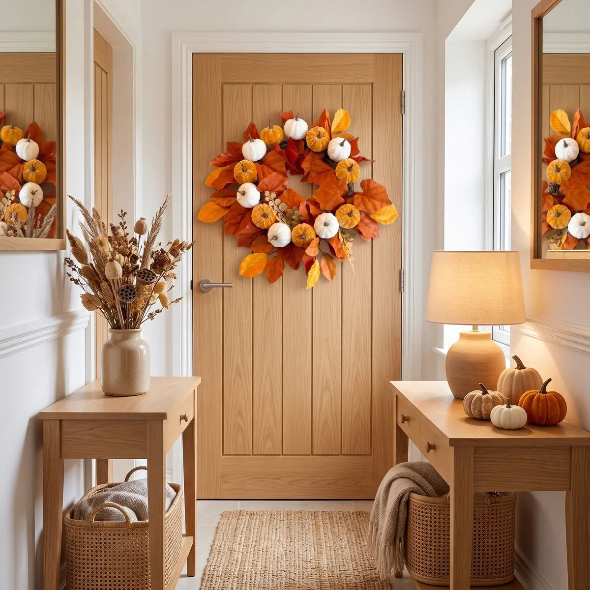 17.7'' artificial autumn wreath with pumpkins hung on a front door for farmhouse Thanksgiving harvest decor
