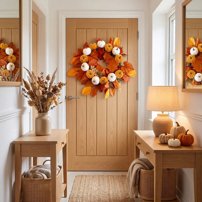 17.7'' artificial autumn wreath with pumpkins hung on a front door for farmhouse Thanksgiving harvest decor
