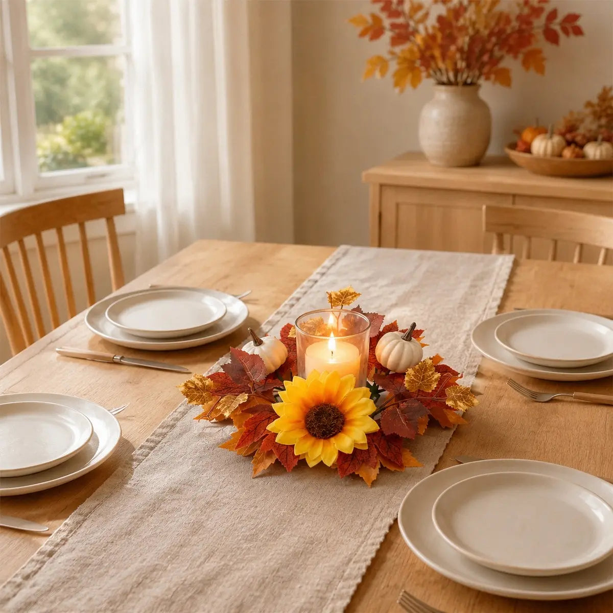 Fall candle ring wreath with sunflower and maple leaves displayed on a Thanksgiving harvest dining table with place settings