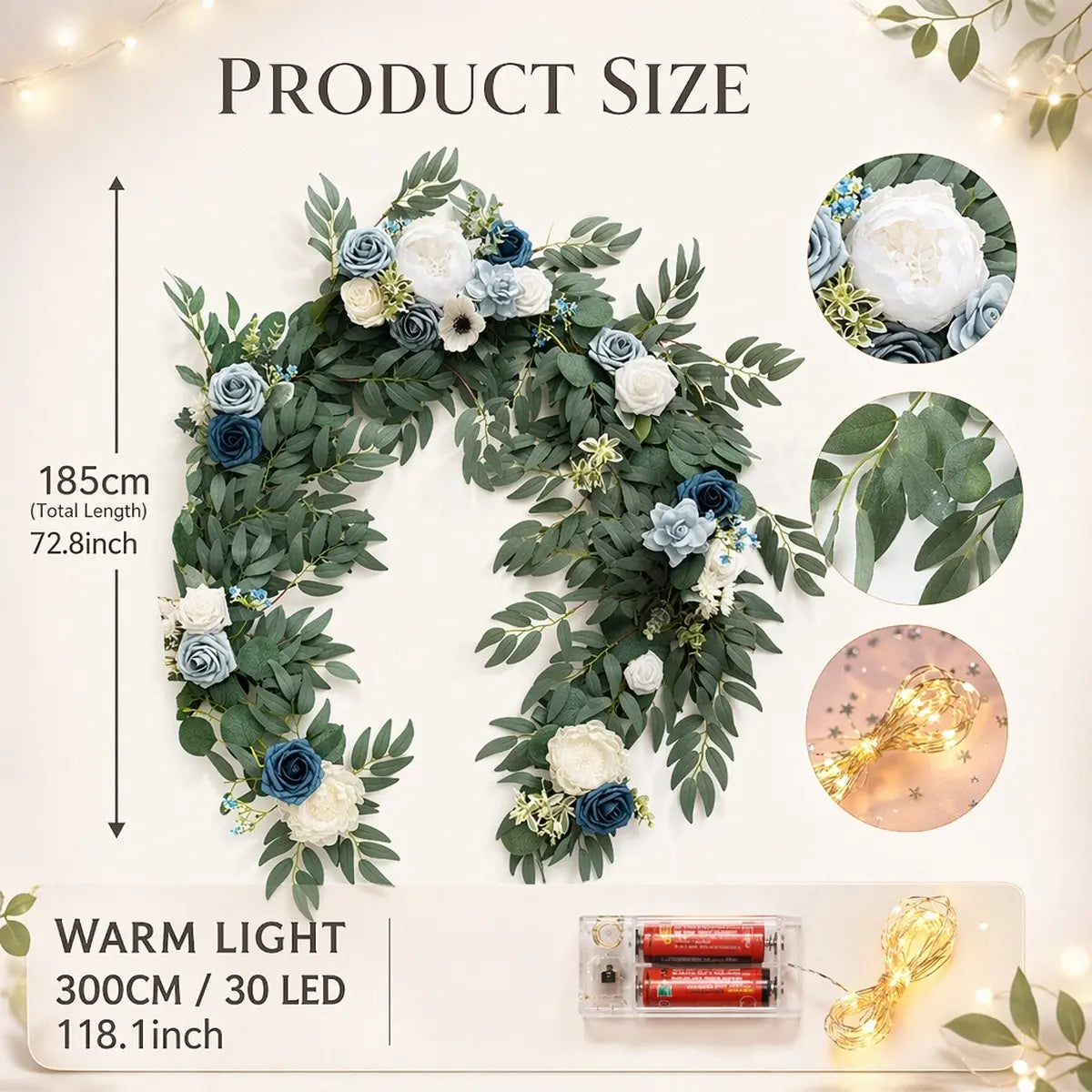 Artificial dusty blue white rose eucalyptus garland size chart – 185cm (72.8 inch) total length, 300cm warm white LED string light, 30 LEDs, 2AA batteries – IPOPU