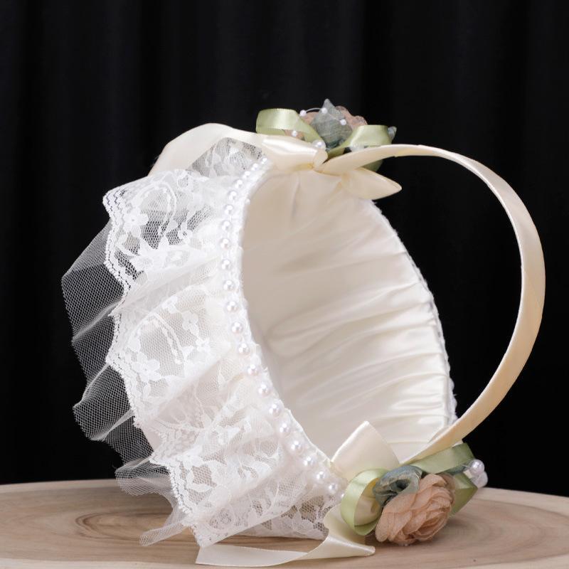 Wedding Flower Girl Basket with Pearl Handle | Satin Petal Basket for Wedding Ceremony Bridal Shower & Home Decor in Beige White