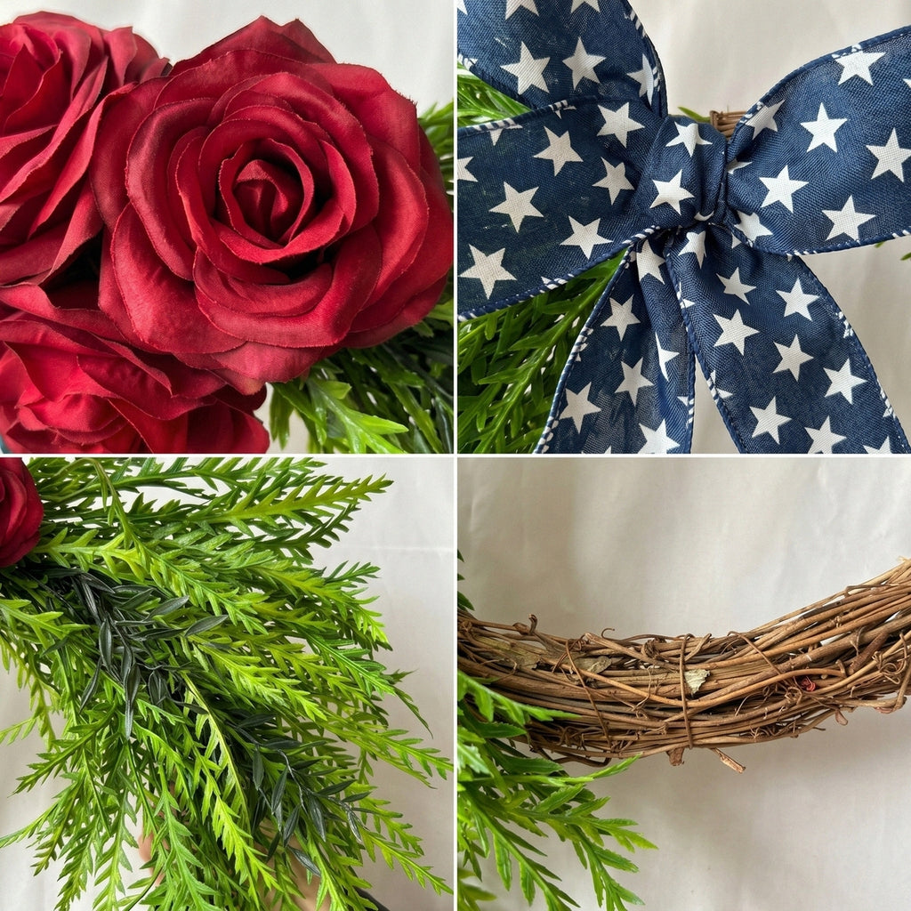 Patriotic Cascading Wreath Front Door Decor Red Rose American Flag Star Ribbon Green Foliage 4th of July Memorial Day Home Porch Wall Art