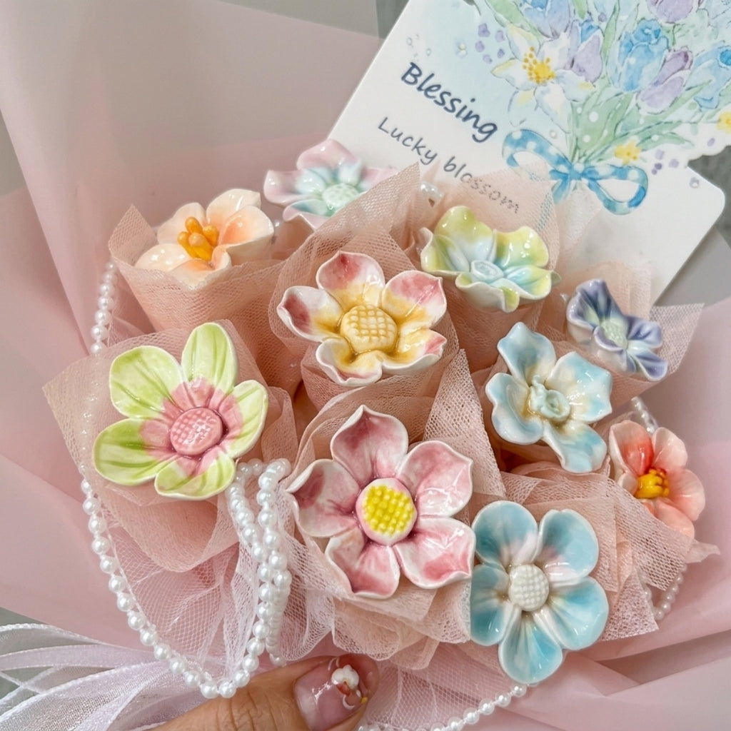 DIY Mini Ceramic Flower Bouquet Material Kit Handmade Clay Assembly Set with Pearl Chain & Gift Packaging Craft Gift