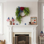 Patriotic Cascading Wreath Front Door Decor Red Rose American Flag Star Ribbon Green Foliage 4th of July Memorial Day Home Porch Wall Art
