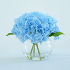 Blue artificial hydrangea flowers in glass vase for home dining table office decor centerpiece