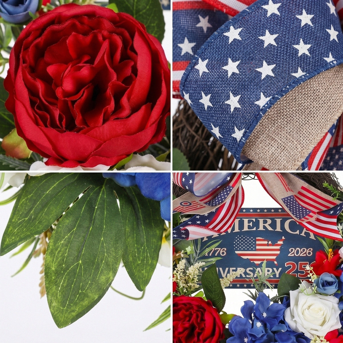250th Anniversary Patriotic Wreath USA 1776-2026 | Red White Blue Rose & Flag Bow Front Door Decor for 4th of July Memorial Day Home Porch Wall Art