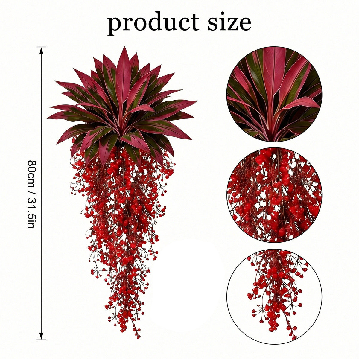 Artificial Red Ti Plant with Cascading Berry Bushes Fake Cordyline Fruticosa Polyester Tropical Leaves for Home Garden Patio Porch Wall Hanging Decor