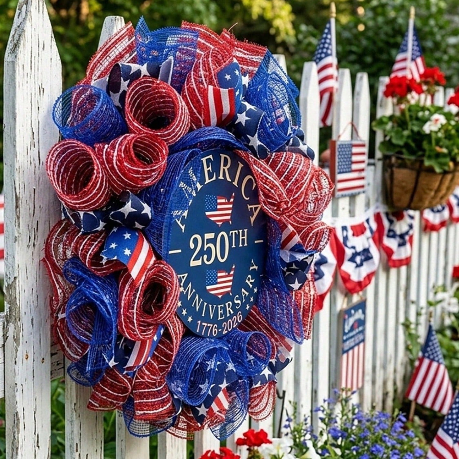 16" Patriotic Wreath for Front Door | 250th 4th of July Summer Outdoor Independence Day Decor