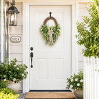 Farmhouse Front Door Wreath with Burlap Bow, Green Foliage & White Flowers for Spring Summer Rustic Home Porch & Wall Decor