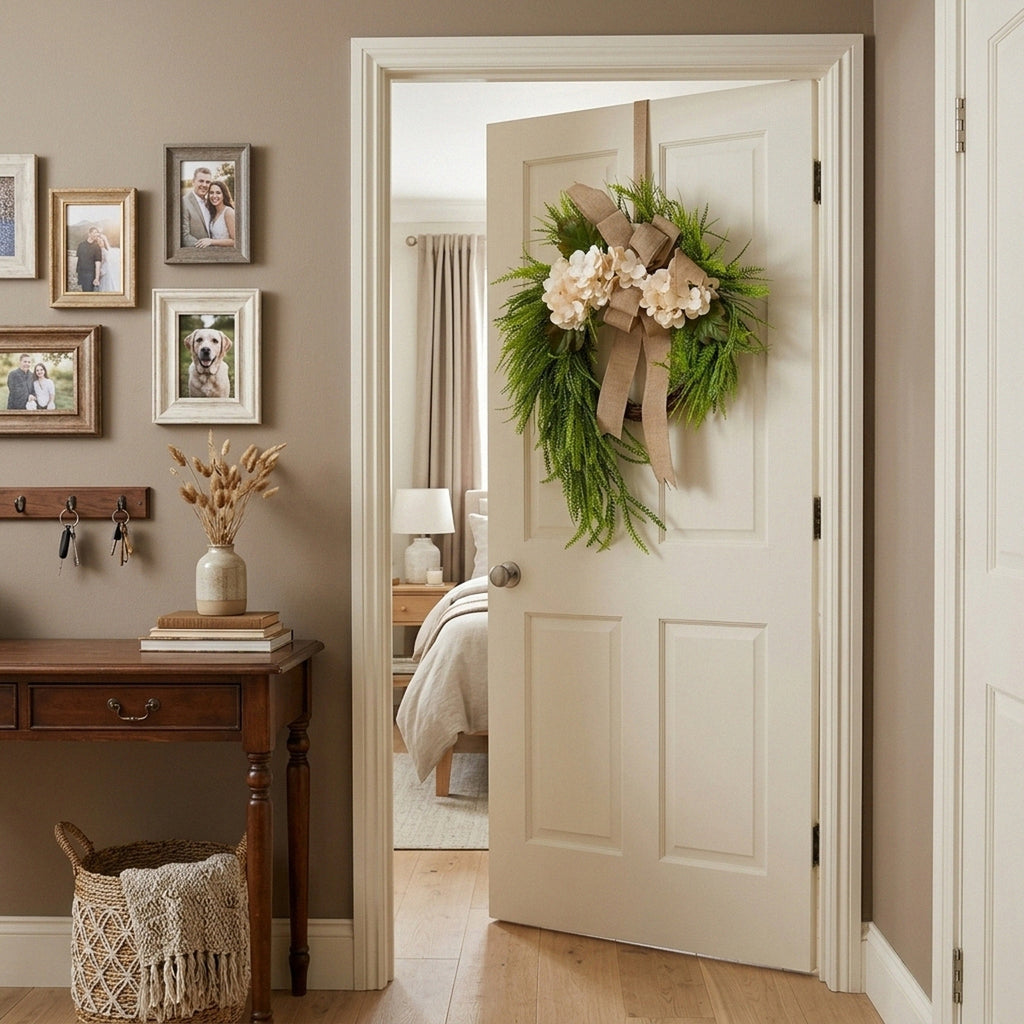Farmhouse Front Door Wreath with Burlap Bow, Cream Hydrangea & Green Fern | 20in Spring Summer Home Wall & Porch Decor