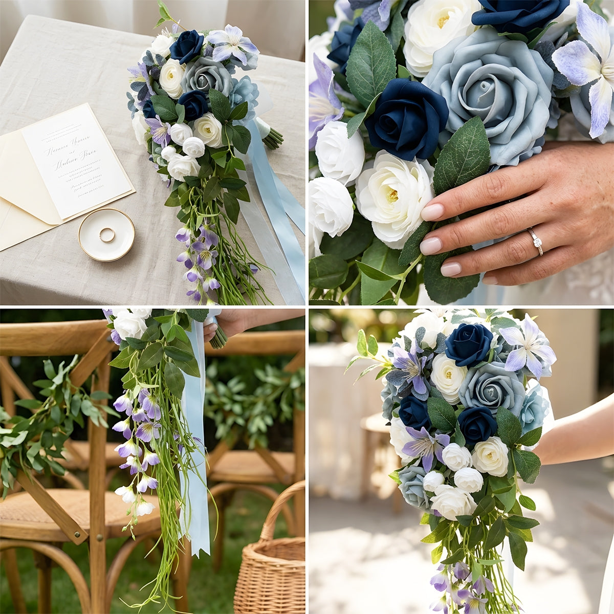 Detail of cascading blue rose bridal bouquet for waterfall shape by IPOPU
