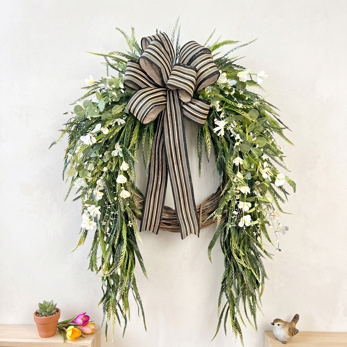 Artificial Greenery Wreath with Striped Bow and White Berries Pine Fern Eucalyptus Door Wall Hanging Decor