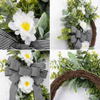 Classic Black and White Striped Bow Wreath Faux Greenery and White Floral Door Hanger Modern Farmhouse Spring Summer Decor for Front Door Wedding and Party Backdrop