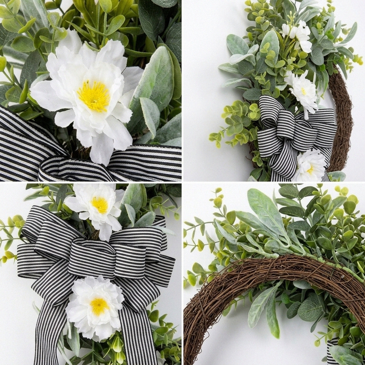Classic Black and White Striped Bow Wreath Faux Greenery and White Floral Door Hanger Modern Farmhouse Spring Summer Decor for Front Door Wedding and Party Backdrop