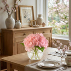Artificial Hydrangea Flowers in Glass Vase | Lifelike Faux Floral Arrangement for Home Office Dining Table Decor