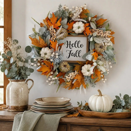 Thanksgiving fall wreath with eucalyptus, berries, pumpkins and lamb ear leaves displayed on a farmhouse sideboard with Hello Fall sign and white pumpkins