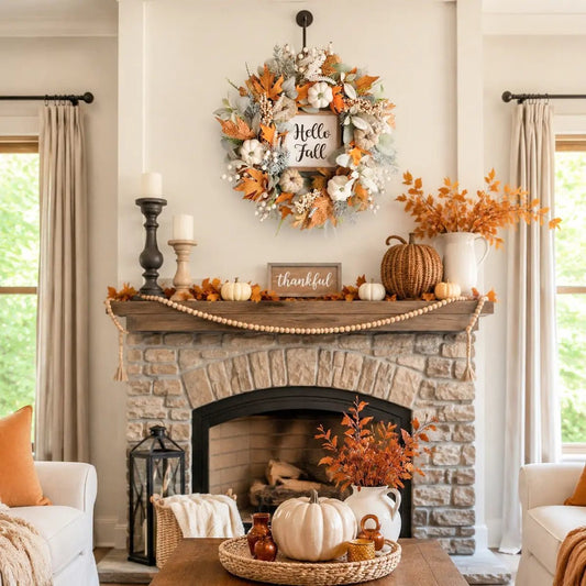 Thanksgiving fall wreath with eucalyptus and pumpkins styled on a fireplace mantel with candles and autumn home decor