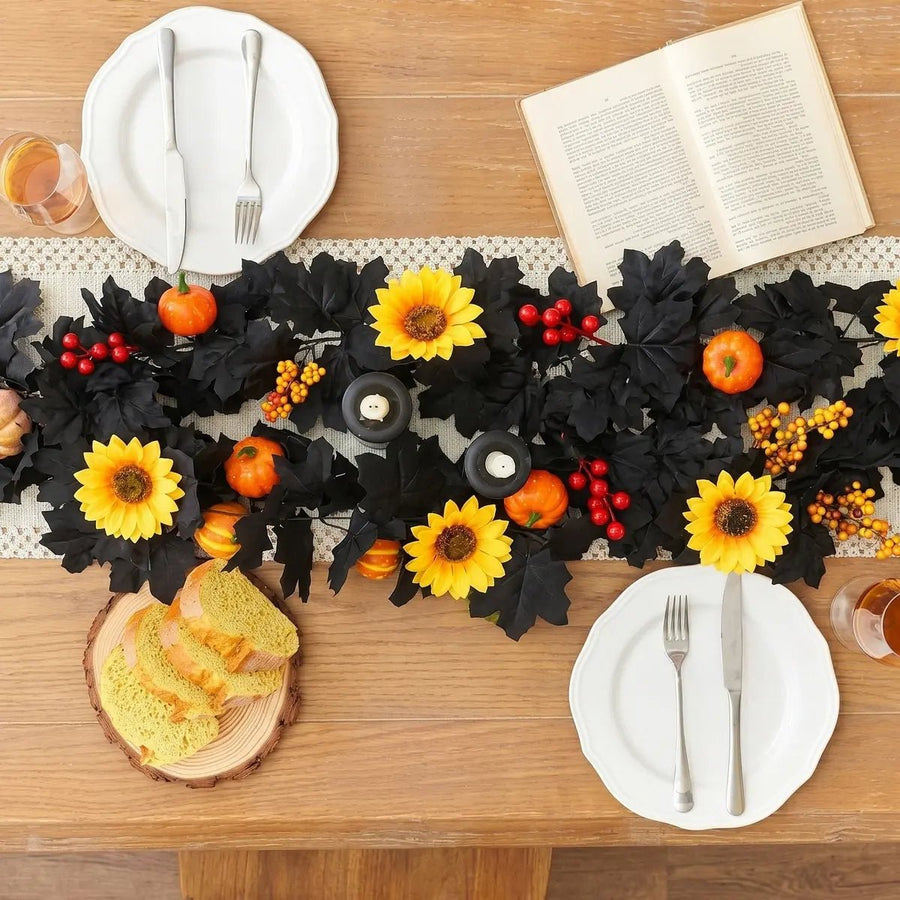 Black Autumn Garland with Sunflower, Pumpkin & Maple Leaves