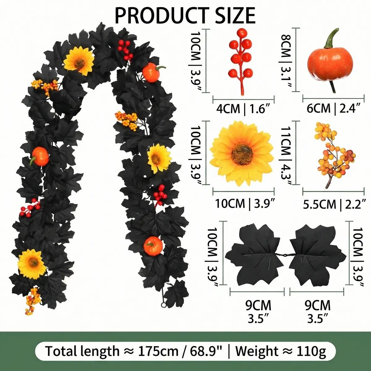 Product size chart showing black autumn garland components: black maple leaf 10cm x 9cm (3.9in x 3.5in), yellow sunflower 10cm x 10cm (3.9in x 3.9in), orange pumpkin 8cm x 6cm (3.1in x 2.4in), red berry pick 10cm x 4cm (3.9in x 1.6in), orange berry pick 11cm x 5.5cm (4.3in x 2.2in), total length 175cm (68.9in), weight 110g
