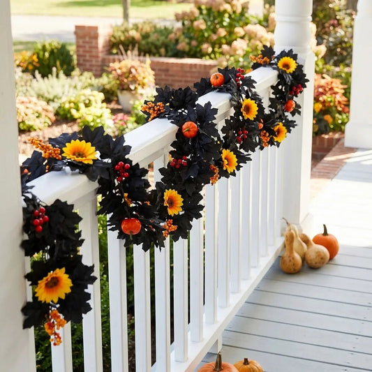 Black fall garland with yellow sunflowers, orange pumpkins, and red and orange berry clusters draped along a white front porch railing with real pumpkins and gourds for Halloween autumn outdoor decor