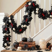 Black Maple Leaf Garland with White Pumpkin & Red Berries