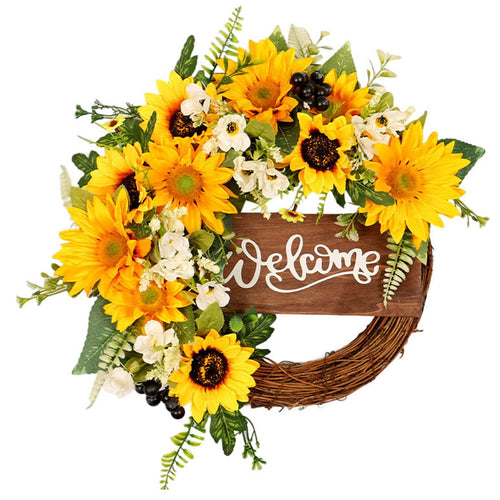 Artificial sunflower welcome wreath for front door window outdoor home decor