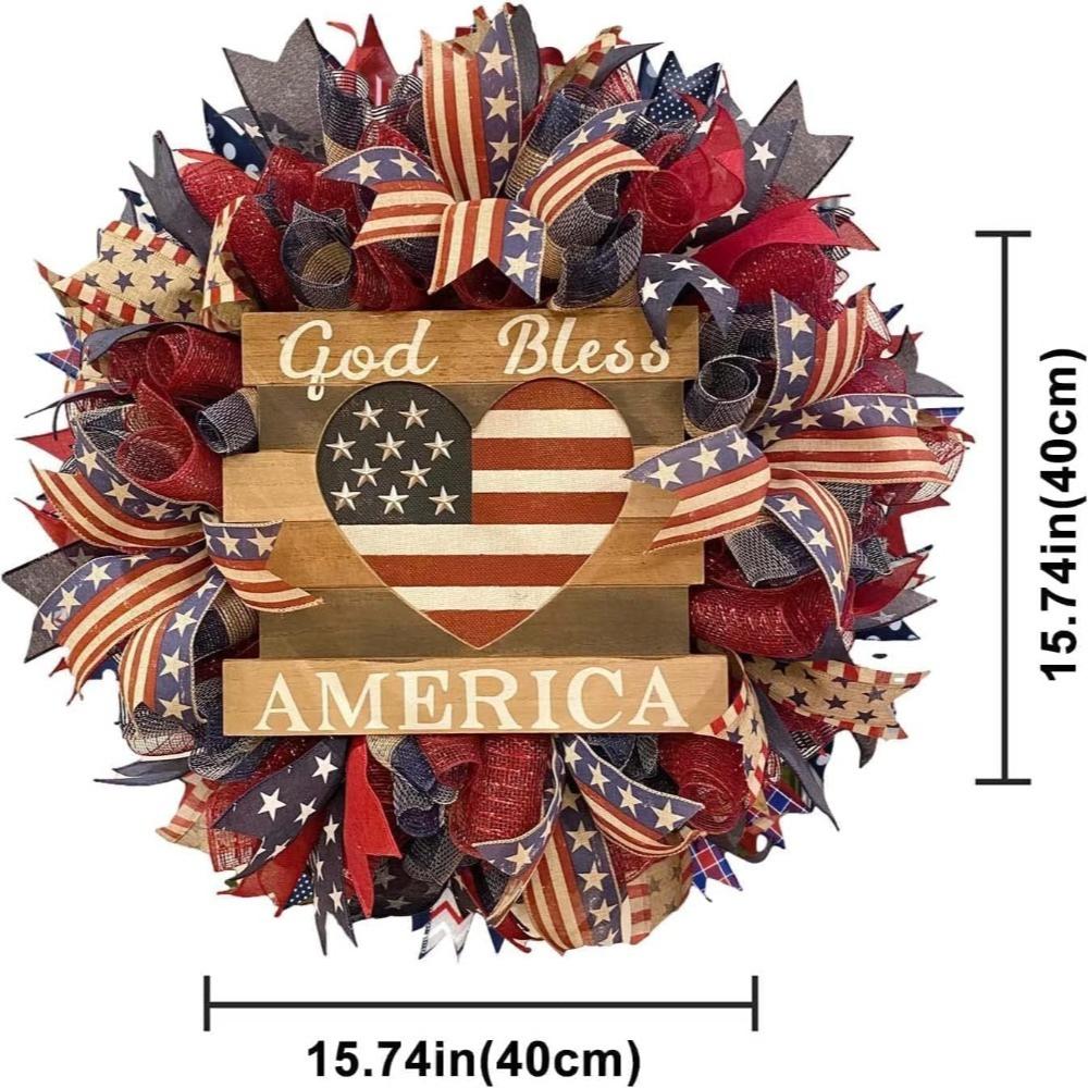 Patriotic 4th of July wreath with American flag burlap design in red white and blue for front door farmhouse decor
