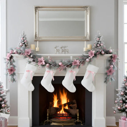Pink Christmas Garland with Ball Ornaments and Pine Cones on Fireplace Mantel
