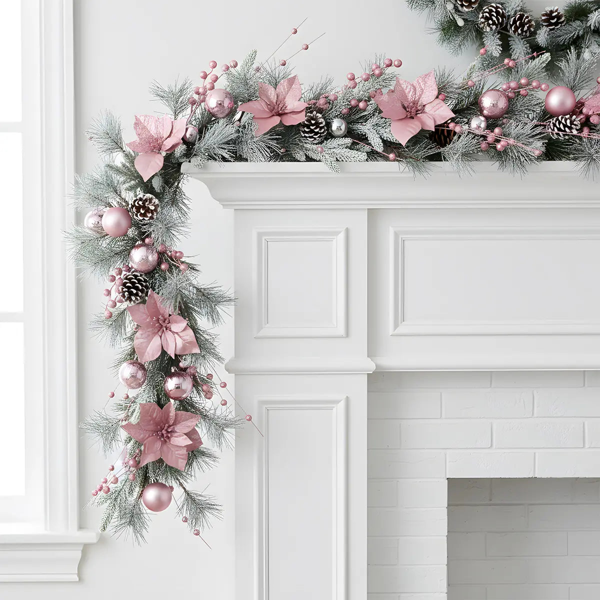 Blush Pink Christmas Garland Decorating a White Fireplace Mantel – Holiday Home Decor

