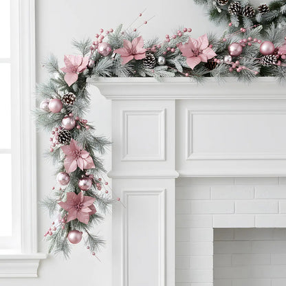 Blush Pink Christmas Garland Decorating a White Fireplace Mantel – Holiday Home Decor

