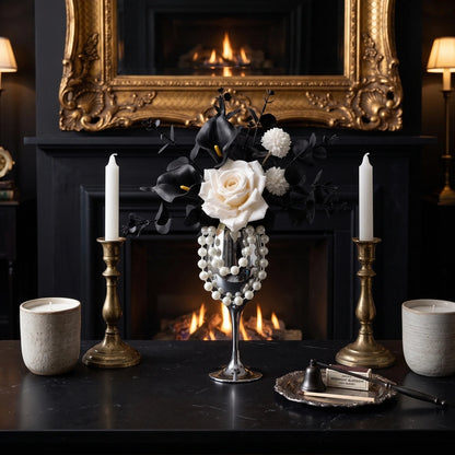 Gothic Artificial Flower Arrangement | Black Calla Lily & White Rose in Silver Goblet Vase