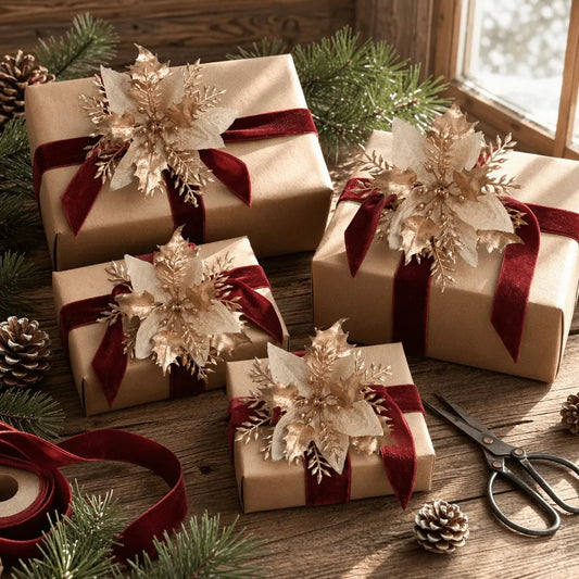 Mixed color glitter poinsettia Christmas picks with clips decorating wrapped Christmas gifts under a holiday tree