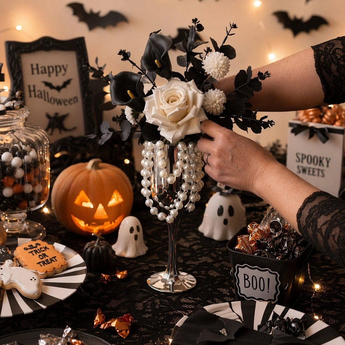 Gothic Artificial Flower Arrangement | Black Calla Lily & White Rose in Silver Goblet Vase